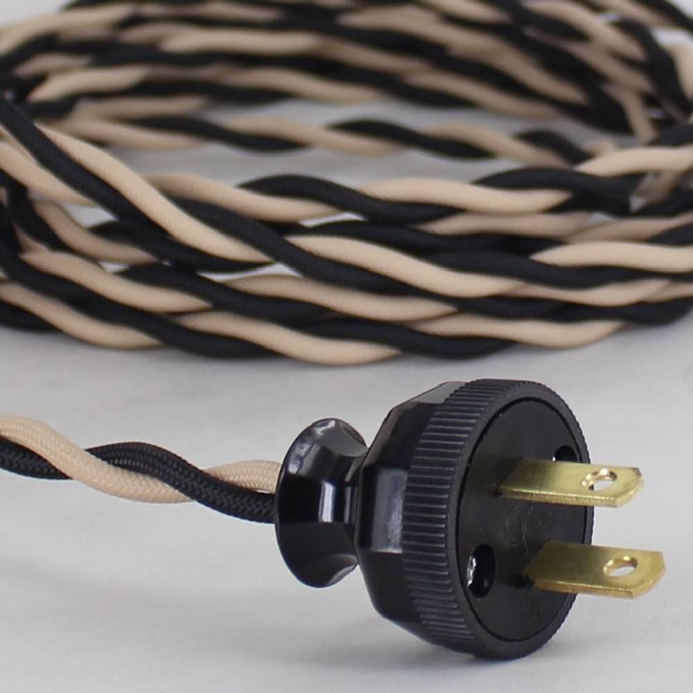 8ft Long One Black / One Beige Twisted 18/2 SPT-2 Type UL Listed Powercord WITH BLACK PHENOLIC PLUG Questions & Answers
