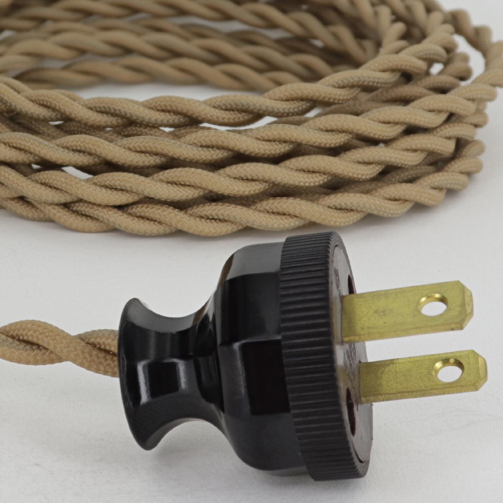 12ft Long Tan Twisted 18/2 SPT-1 Type Twisted Power Cord with Brown Antique Style Phenolic Plug Questions & Answers