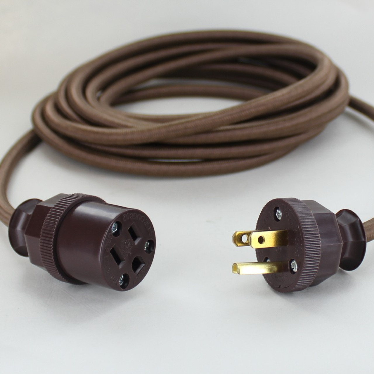 12ft Long Brown Cloth Covered Decorative Extension Cord with NEMA 15-5P Plug and Outlet. Questions & Answers